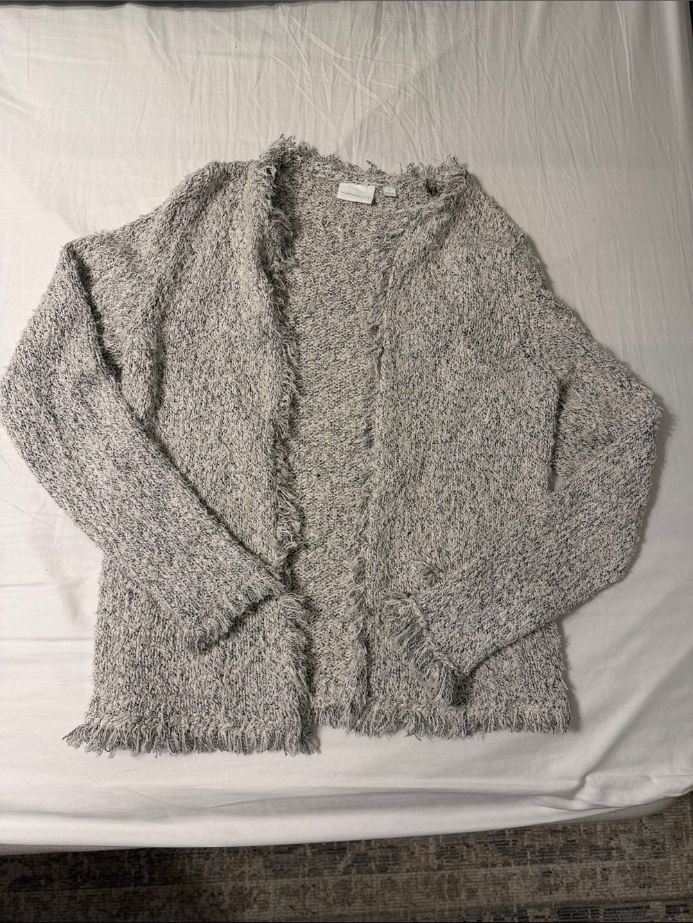 Anthropologie Heathered Light Gray Fringe-Trim Open Cardigan